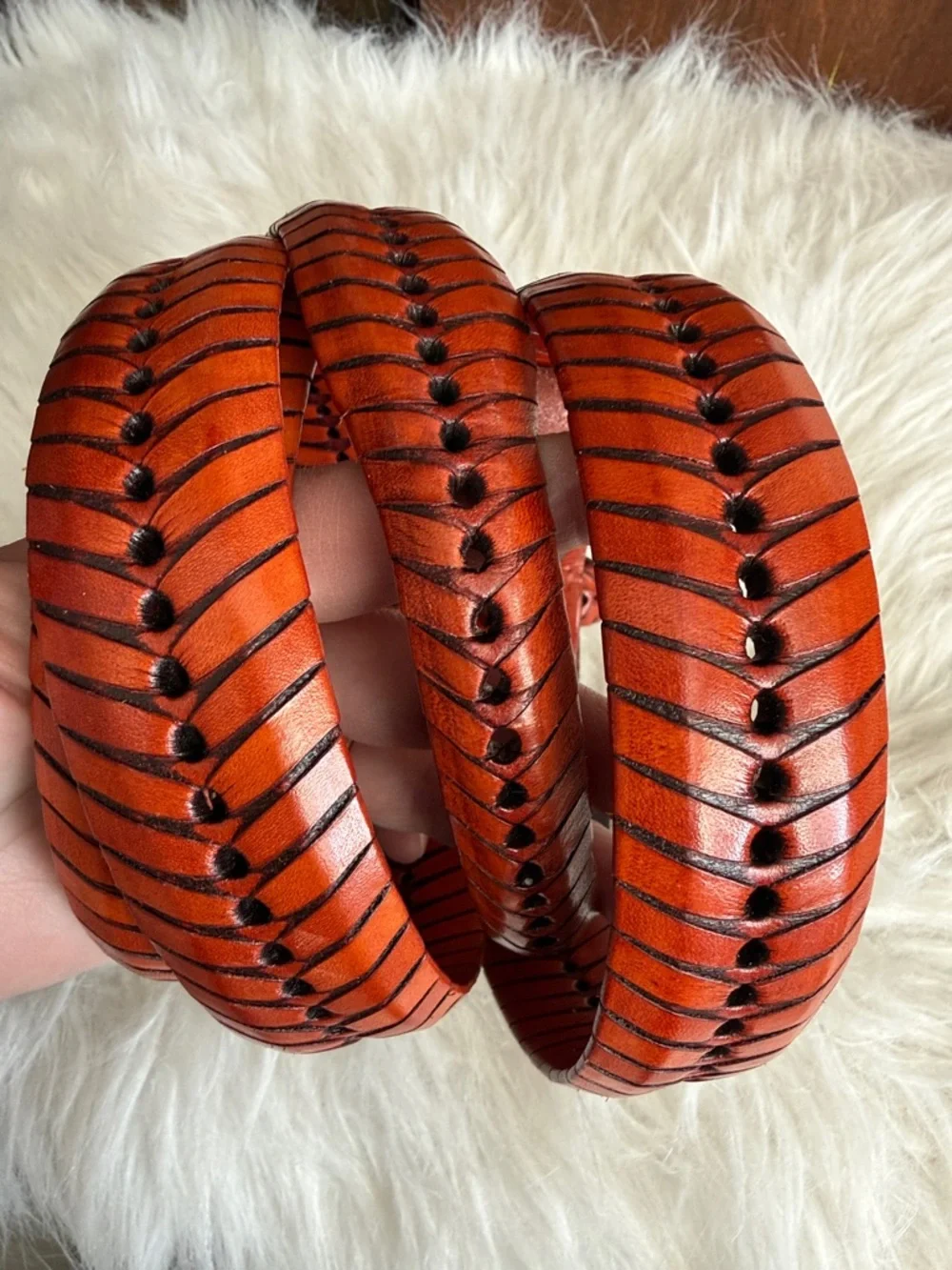 Burnt orange brown fishtail herringbone leather belt Mexican brass buckle 56